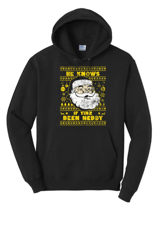 He Knows If Yinz Been Nebby - Long Sleeve Core Blend Hooded Sweatshirt